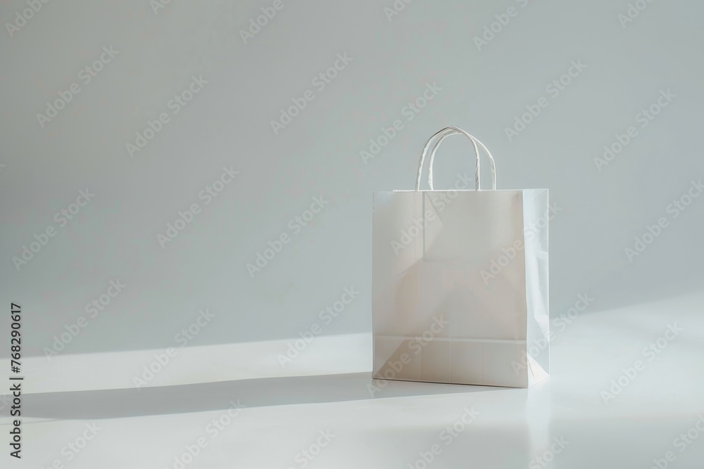 Poster a minimalistic image of a white paper shopping bag casting a soft shadow against a plain light backg