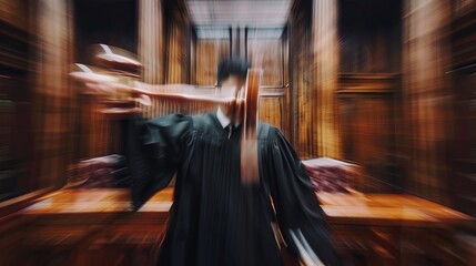 A blurred image of a judge holding a gavel during sentencing adds a dynamic aspect to the court's atmosphere - obrazy, fototapety, plakaty