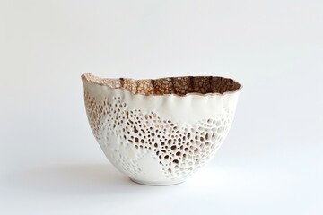 Fototapeta premium Handcrafted ceramic bowl with porous texture and unique pattern, highlighted by soft lighting on a smooth surface
