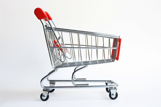 A single empty shopping cart with a red handle, showcasing a symbol of consumerism and retail activity on an isolated white backdrop