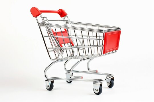 The image presents a straight-on view of an empty shopping cart, standing as a symbol of consumer choice and retail spaces