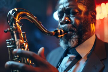 The image captures a jazz artist mid-performance, his hands on a shiny golden saxophone, exuding a vibe of coolness and rhythm - obrazy, fototapety, plakaty