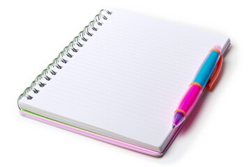 Overhead shot of a white spiral notebook with a multicolored pen on a bright white background, symbolizing ideas and note-taking efficiency