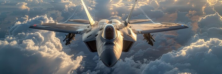Cutting-edge fighter aircraft soaring through the clouds, a symbol of modern aerial prowess. - obrazy, fototapety, plakaty