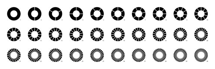 Circle pie chart as donut infographics data presentation. Charging round bar as percentage piece or part of whole. 12 and 24 segments of crossed ring.