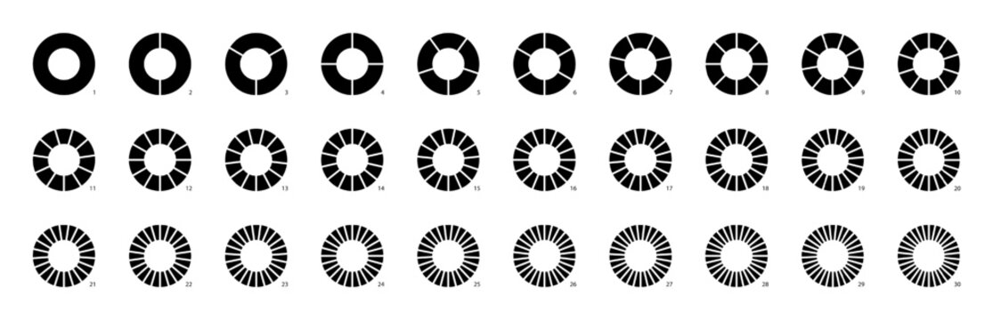 Circle pie chart as donut infographics data presentation. Charging round bar as percentage piece or part of whole. 12 and 24 segments of crossed ring.