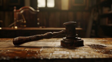 A judge's hammer rests on a wooden table, ready for the proceedings - obrazy, fototapety, plakaty