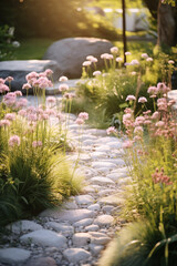 Obraz na płótnie Canvas Sunlit garden path with blooming pink flowers and lush greenery, serene and beautiful landscape design.