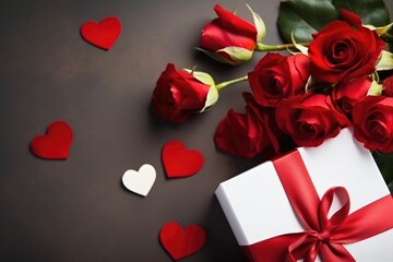 A white gift box with a red ribbon among blooming red roses on a dark background, symbolizing love and luxury.