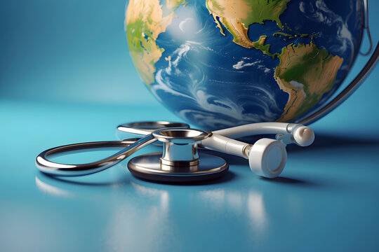 Plane model, planet Earth and medical stethoscope on a blue background. 3d illustration