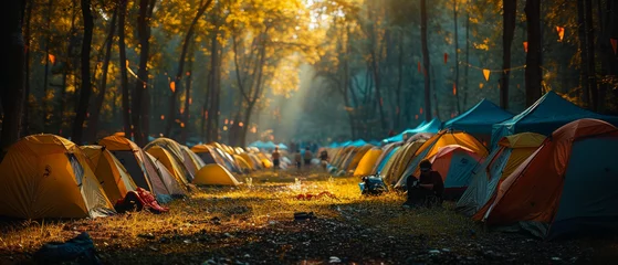 Poster Vibrant image of multiple camping tents set up in a forest with the sun setting in the background, creating a warm atmosphere © Daniel