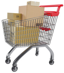 Online shopping concept with a cart full of boxes, png