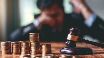 A sad man faces the burden of paying a penalty fine for legal violations, highlighted by a law gavel resting on a stack of coins - obrazy, fototapety, plakaty