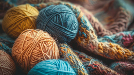 A selection of yarn balls resting on a crochet base offers a detailed look at the different colors and textures used in handcrafting