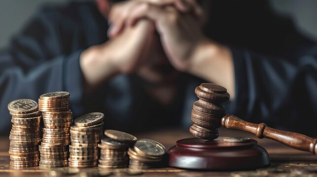 A sad man faces the burden of paying a penalty fine for legal violations, highlighted by a law gavel resting on a stack of coins