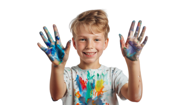 Portrait of a child with hands dirty from paint
