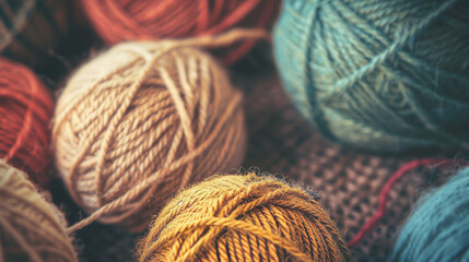 An arrangement of soft-focus yarn balls with an emphasis on warm color tones and textures
