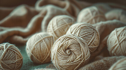 A warm, high-quality image capturing the intricate details and texture of beige yarn balls...