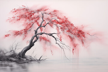 Ink paint red tree