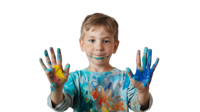 Portrait of a child with hands dirty from paint