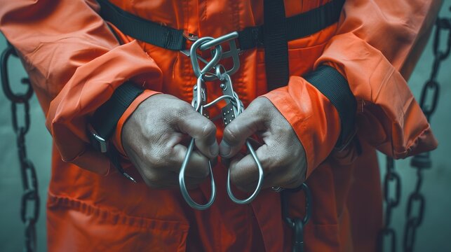 An arrested convict in handcuffs and an orange jumpsuit represents the law and justice trial process