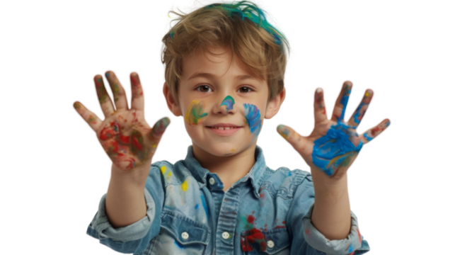 Portrait of a child with hands dirty from paint