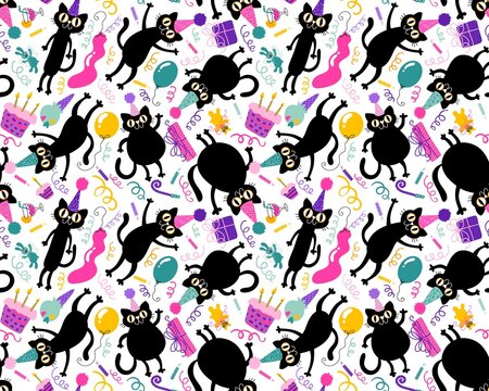 Birthday cartoon animals seamless cats pattern for wrapping paper and kids clothes print and party accessories