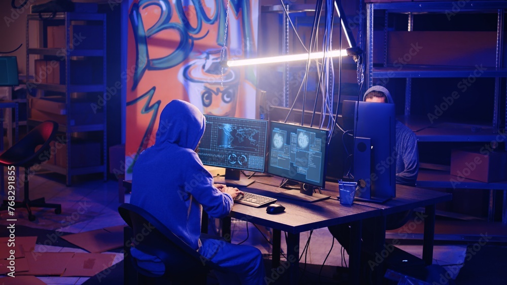 Poster cybercriminals rushing to exit hideaway after hearing law enforcement coming to arrest them, being c