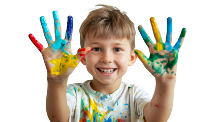 Portrait of a child with hands dirty from paint
