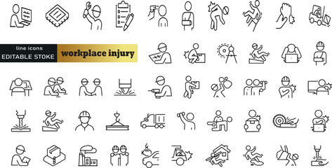 Set of linear preventing workplace injury icons. Thin outline icons pack. Vector illustration