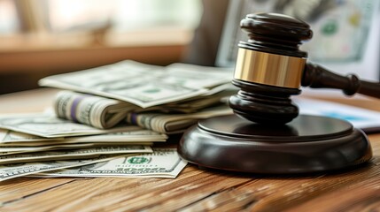 Corruption, bankruptcy, and auction bidding are conceptualized with a judge's gavel and dollar bundles on a wooden table
