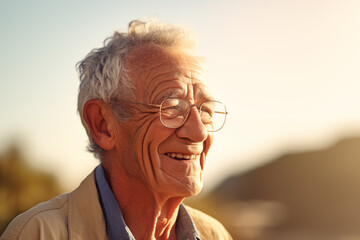 Sunset light on smiling senior man's face, peacefulness and life enjoyment, mature well-being concept.
