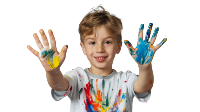 Portrait of a child with hands dirty from paint
