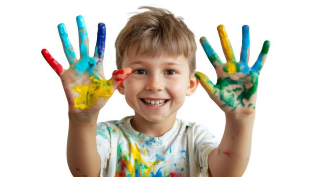 Portrait of a child with hands dirty from paint