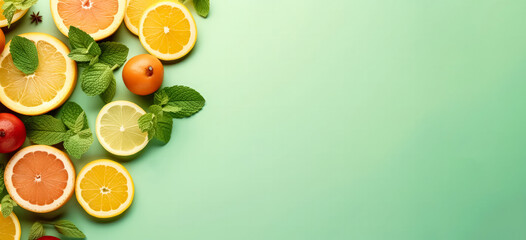 A green background with a variety of citrus fruits including oranges - obrazy, fototapety, plakaty
