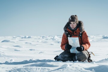 Fototapeta na wymiar A person dressed in expedition gear kneeling on snow reading a map in bright daylight