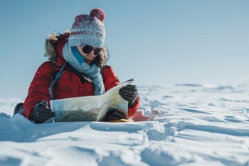 A bundled up explorer reads a map in a snowy landscape, possibly charting a course or seeking direction - obrazy, fototapety, plakaty