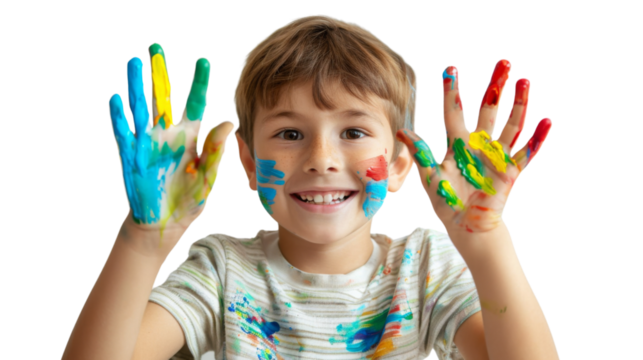 Portrait of a child with hands dirty from paint - Powered by Adobe