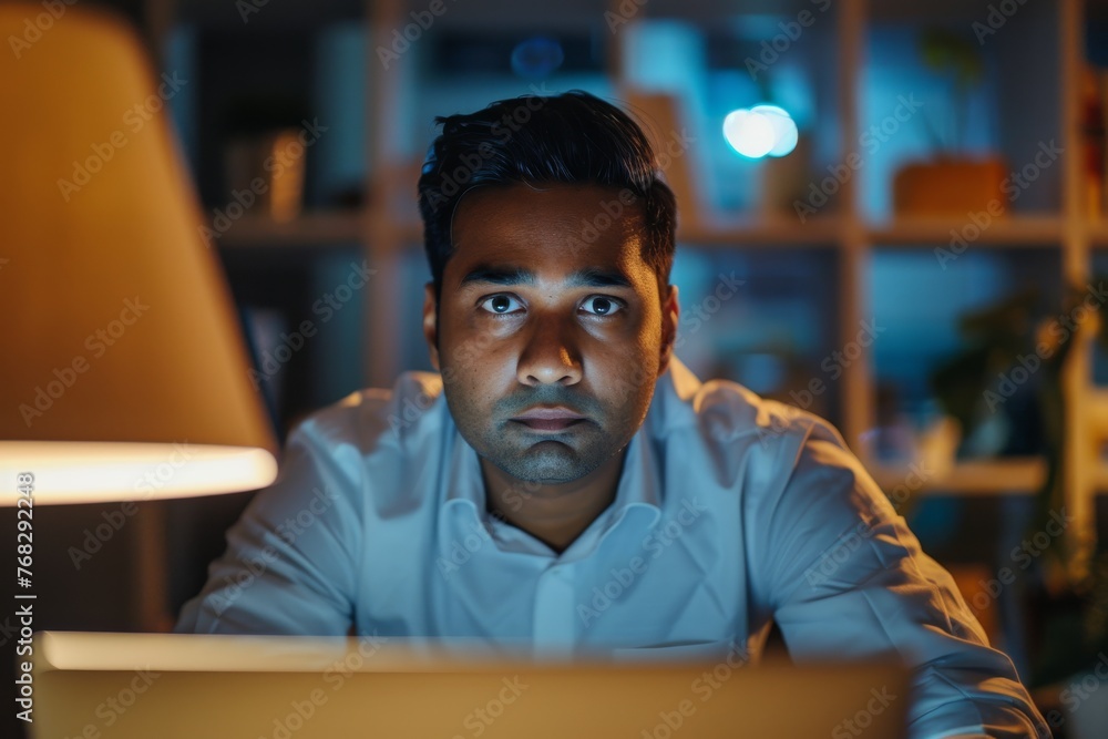 Poster a focused individual working on a laptop with dim ambient lighting, highlighting the concept of over