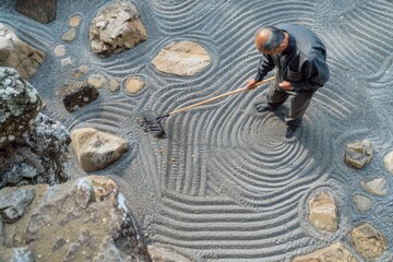Fototapeta na wymiar A focused monk meticulously raking sand in a zen garden, crafting intricate patterns around strategically placed rocks