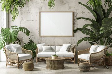 Tropical-themed space with bamboo furniture, greenery, and white frame mockup on the wall.
