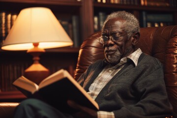 Content older man is comfortably reading a book, seated in a plush leather chair in a homely library room - obrazy, fototapety, plakaty