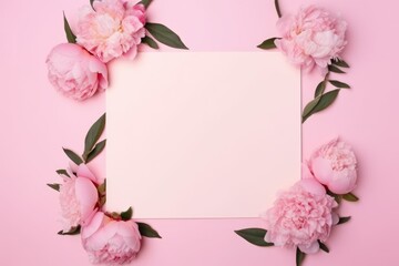 Delicate pink peonies surrounding a blank white paper, ideal for wedding invitations or announcements. Elegant Pink Peonies with Blank Paper for Text