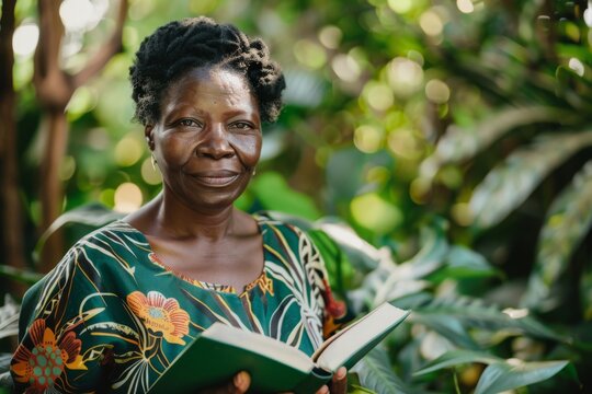 Inviting image of a mature African woman reading a book passionately in a lush green garden