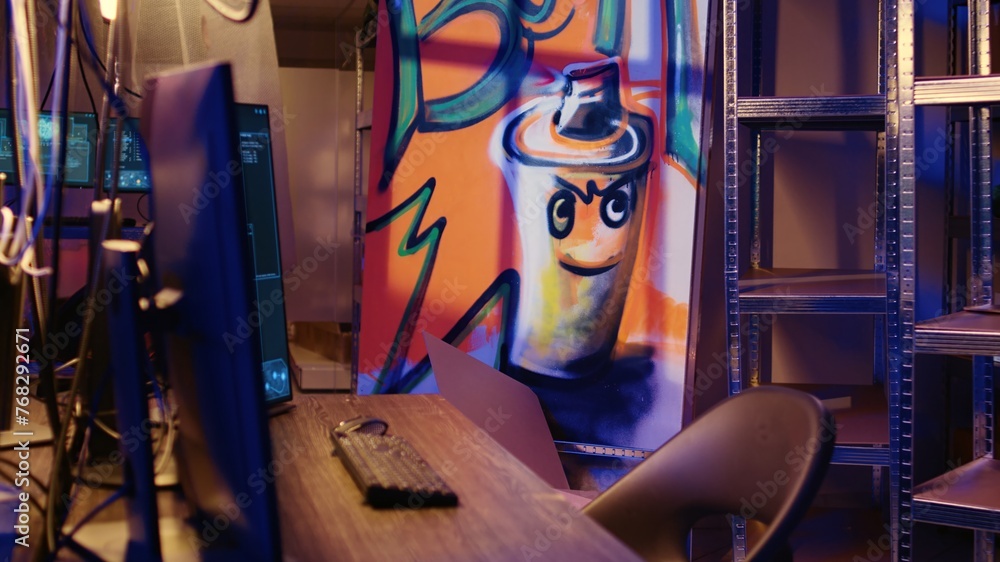 Poster zoom of shot of abandoned basement with graffiti drawings on walls and advanced technology computers
