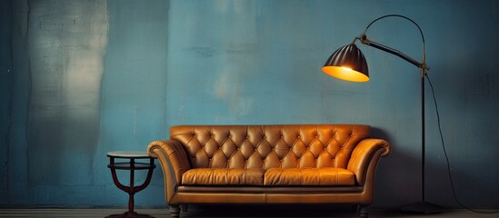 Cozy blue room featuring a comfortable leather couch and a stylish lamp for a warm ambiance