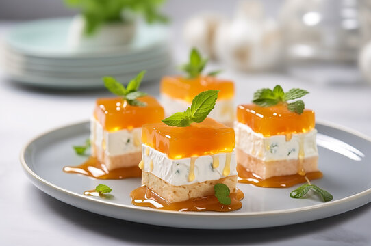 Herbed cream cheese and orange jelly canapes sandwich bites on a plate. Horizontal, close-up, side view.