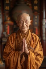 A monk in a contemplative prayer posture set against a temple backdrop