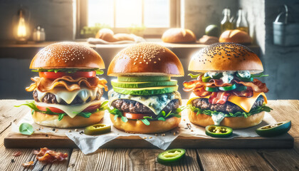 Three Delicious Burgers with Assorted Toppings on Marble Countertop