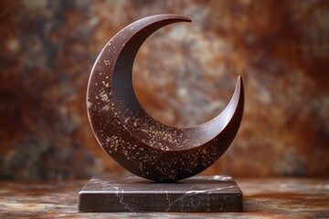 A brown chocolate sculpture of a crescent moon is displayed on a natural wood table. The artistic piece is intricately crafted and adds a touch of elegance to the still life photography exhibit - obrazy, fototapety, plakaty